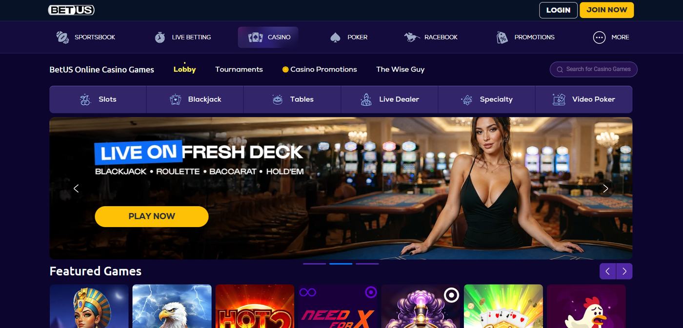 BetUS Casino lobby with category filters and a live dealer banner