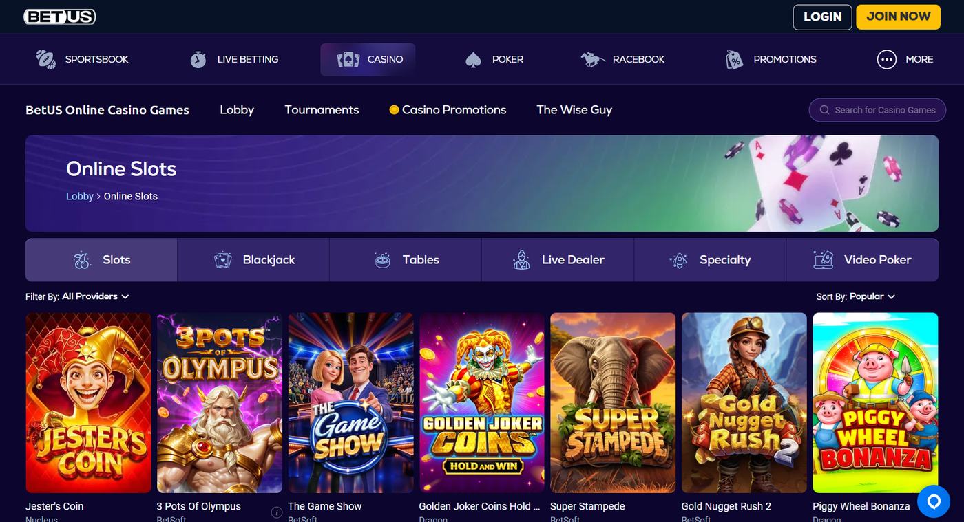 BetUS online slots grid with provider filter and studio names