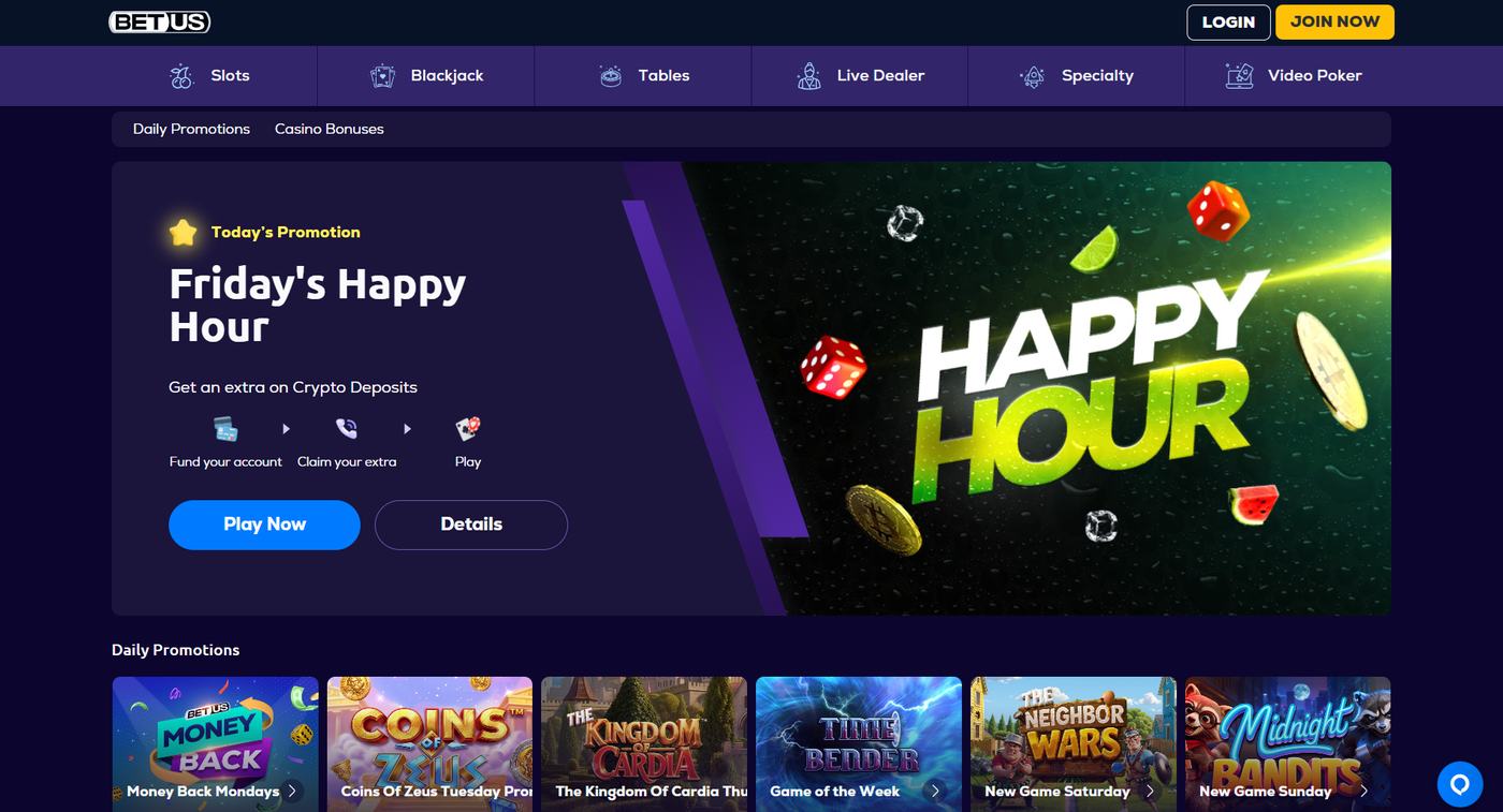 BetUS casino promotions with Friday Happy Hour and the daily board