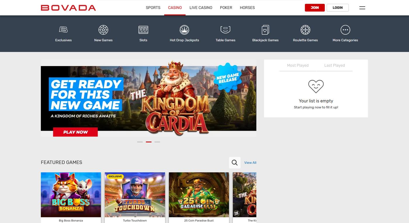 Bovada casino lobby with The Kingdom of Cardia and featured slots