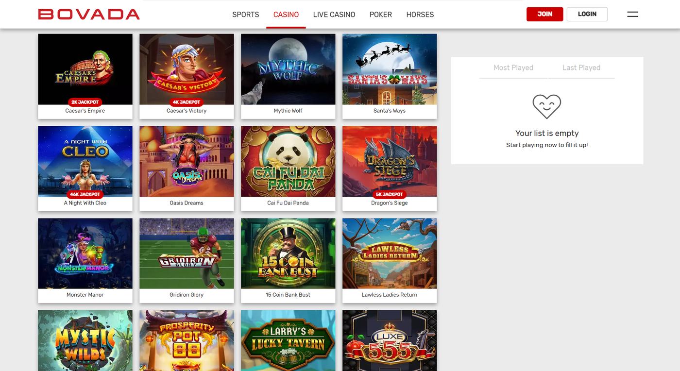 Bovada slot grid with Caesar's Empire, A Night With Cleo, and Gridiron Glory