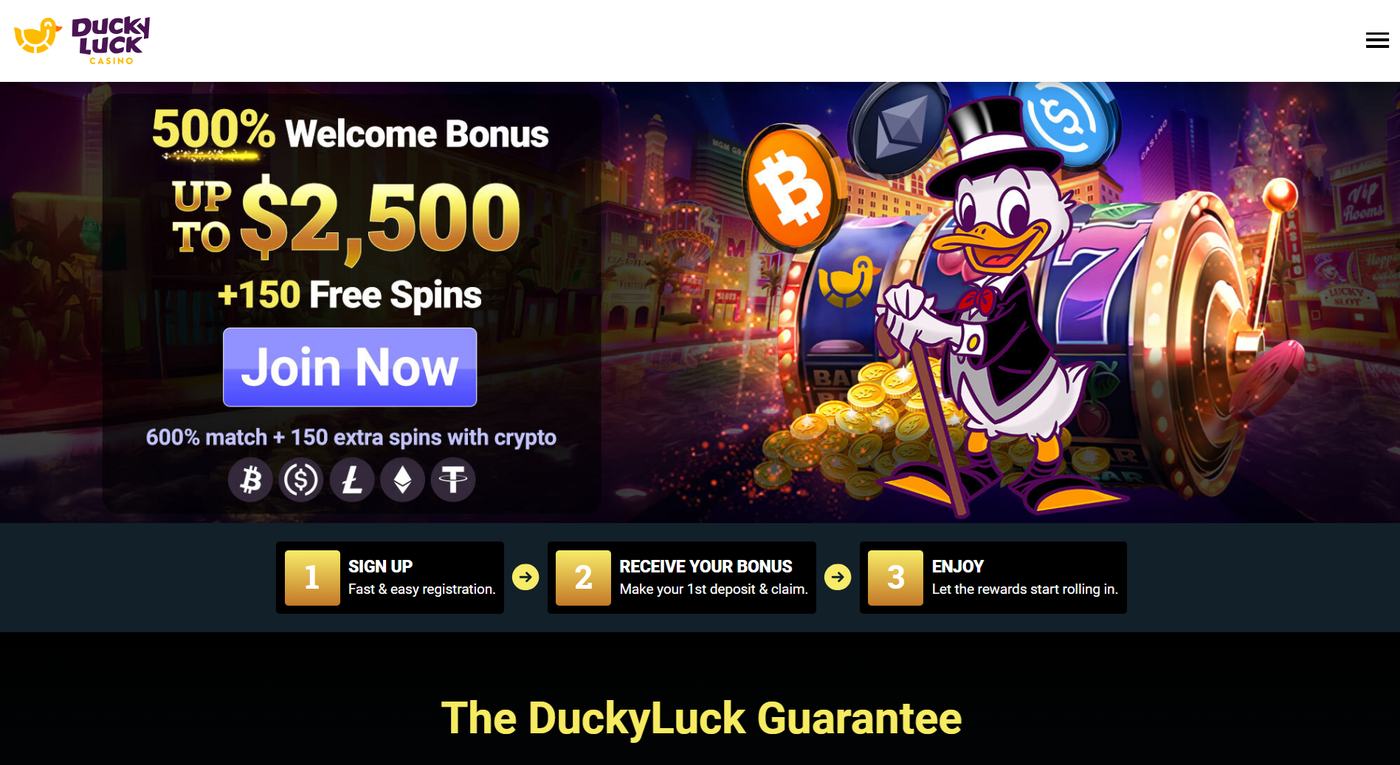 DuckyLuck homepage with the 500 percent welcome bonus
