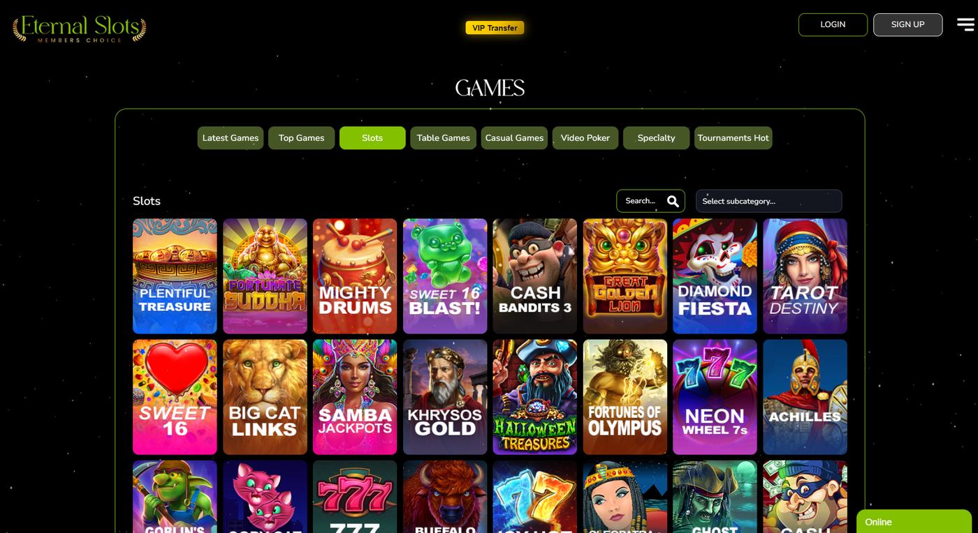 Eternal Slots slots grid including Cash Bandits 3 and Big Cat Links
