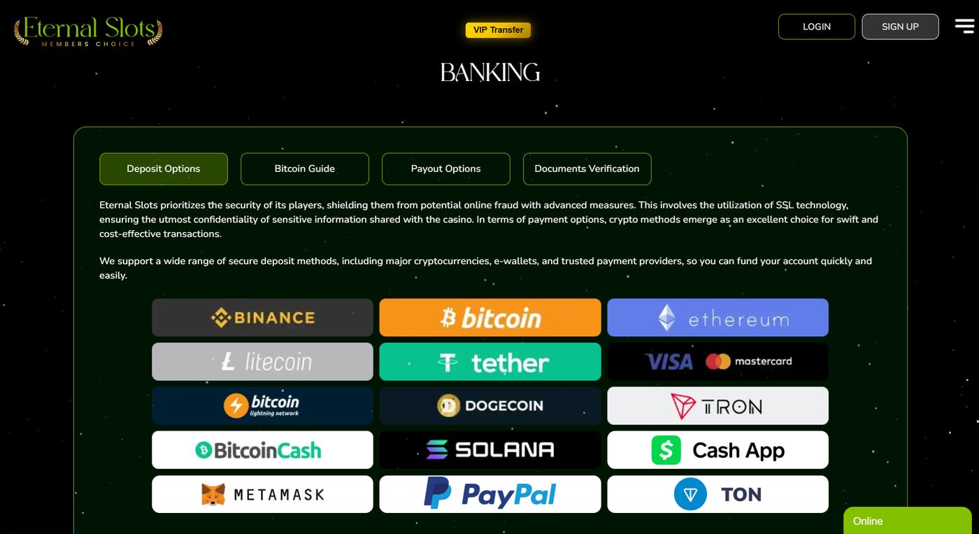 Eternal Slots banking buttons for crypto, Visa, and Mastercard