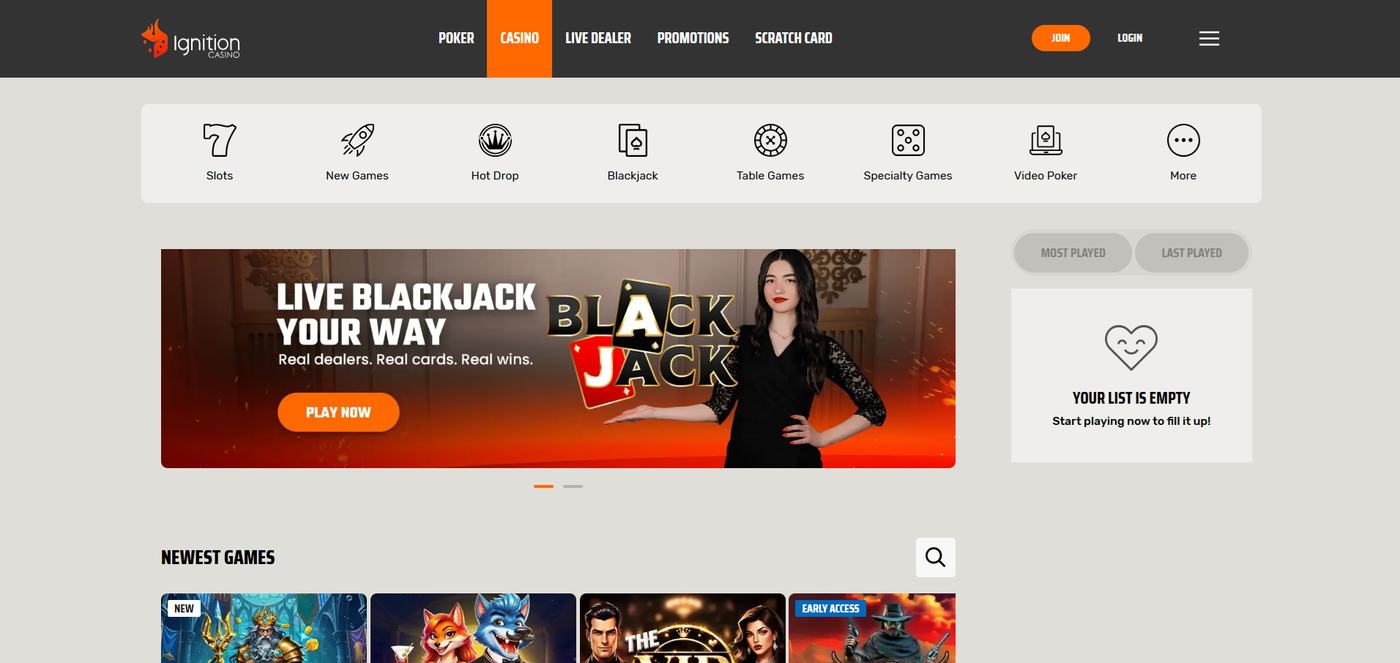 Ignition Casino categories with a live blackjack banner