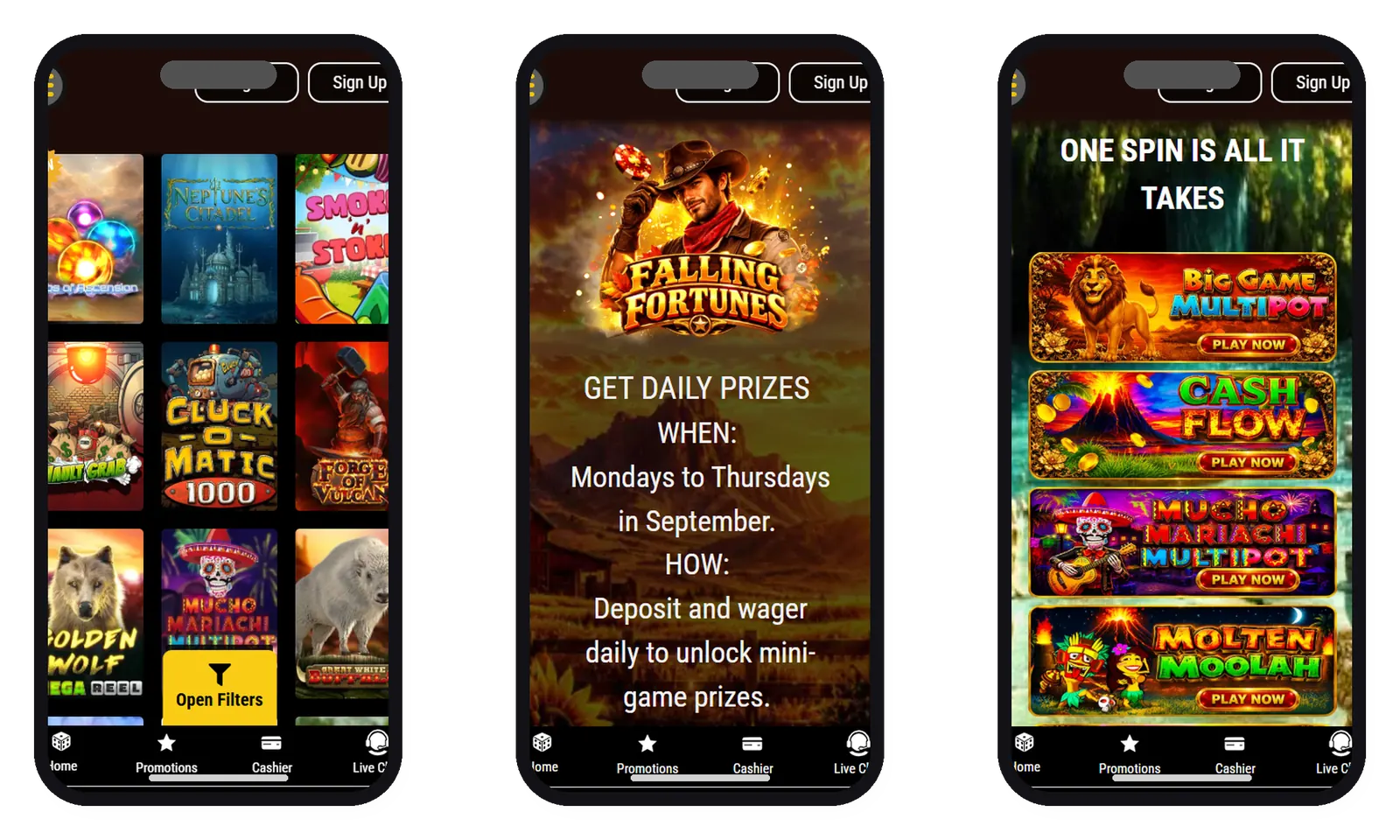 Lucky Creek Casino mobile screens in phone frames