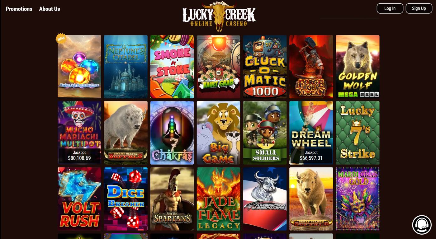 Lucky Creek slots grid including Big Game and Orbs Of Ascension