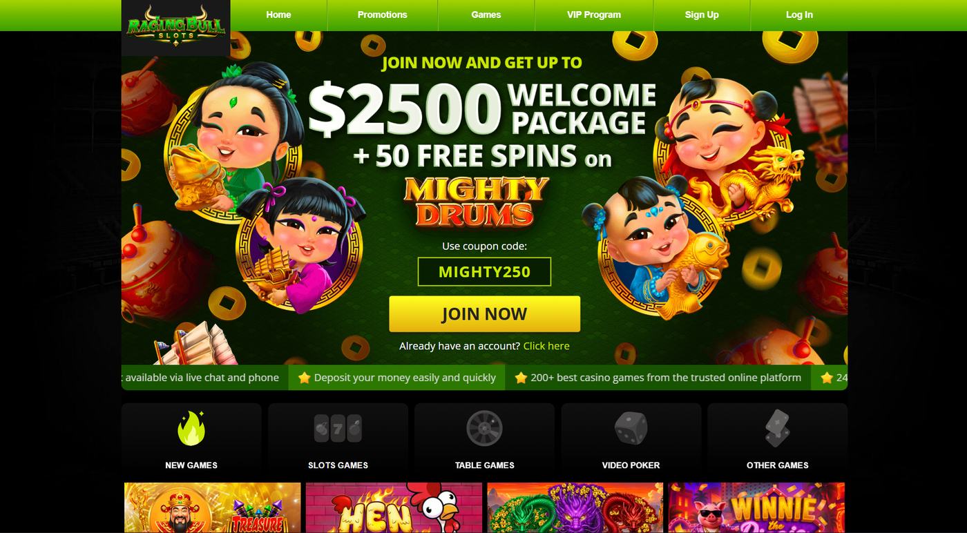 Raging Bull homepage with the MIGHTY250 welcome banner and game tabs