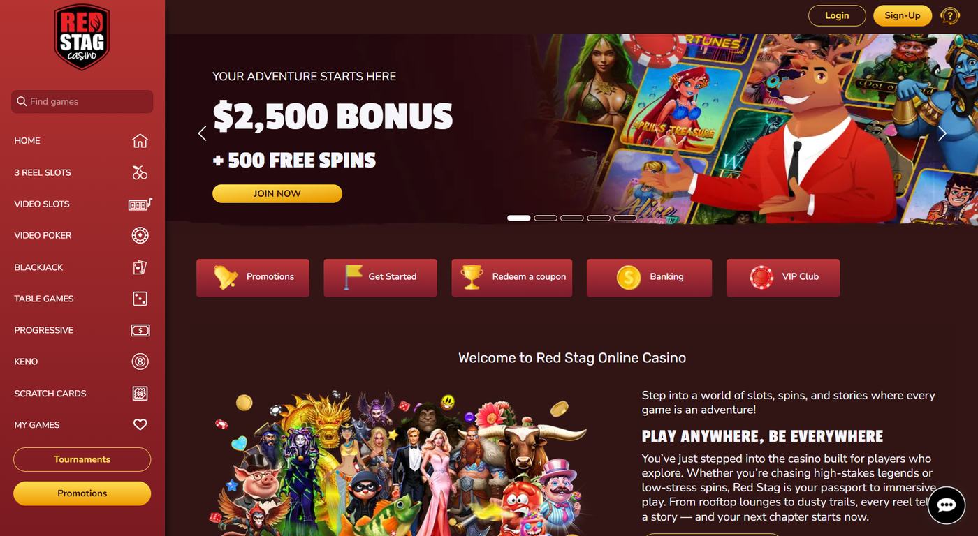 Red Stag homepage showing the $2,500 bonus and 500 free spins