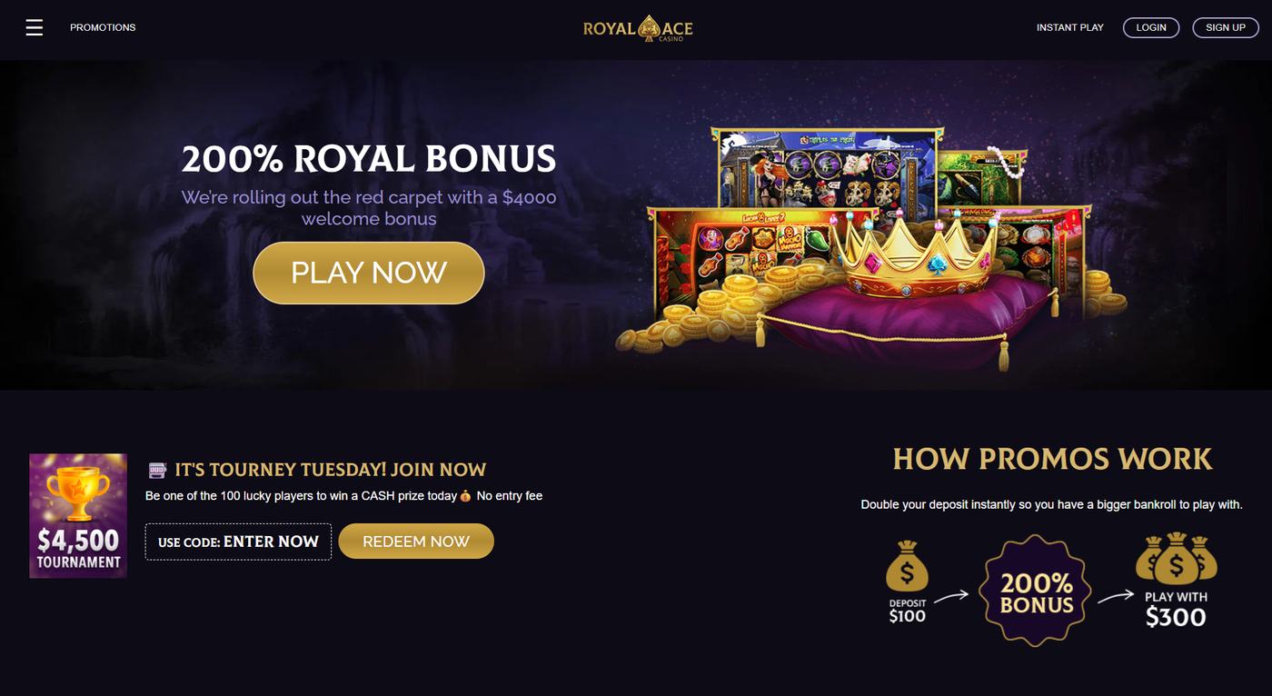 Royal Ace promotions page with the 200 percent bonus example