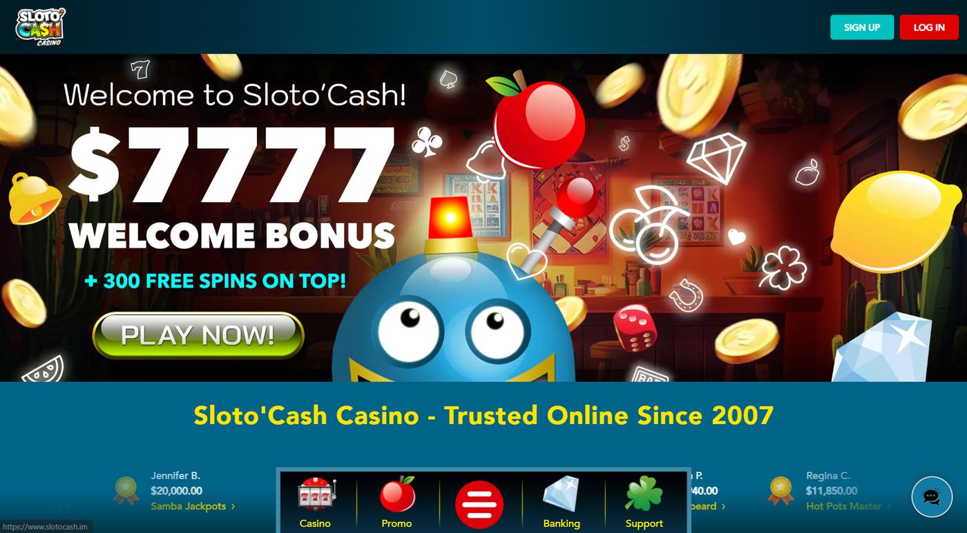 SlotoCash homepage banner for the $7,777 welcome and 300 free spins