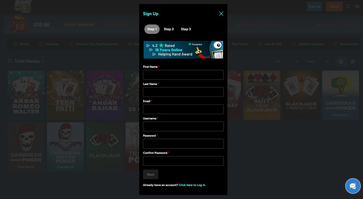 SlotoCash sign-up form with table games in the background